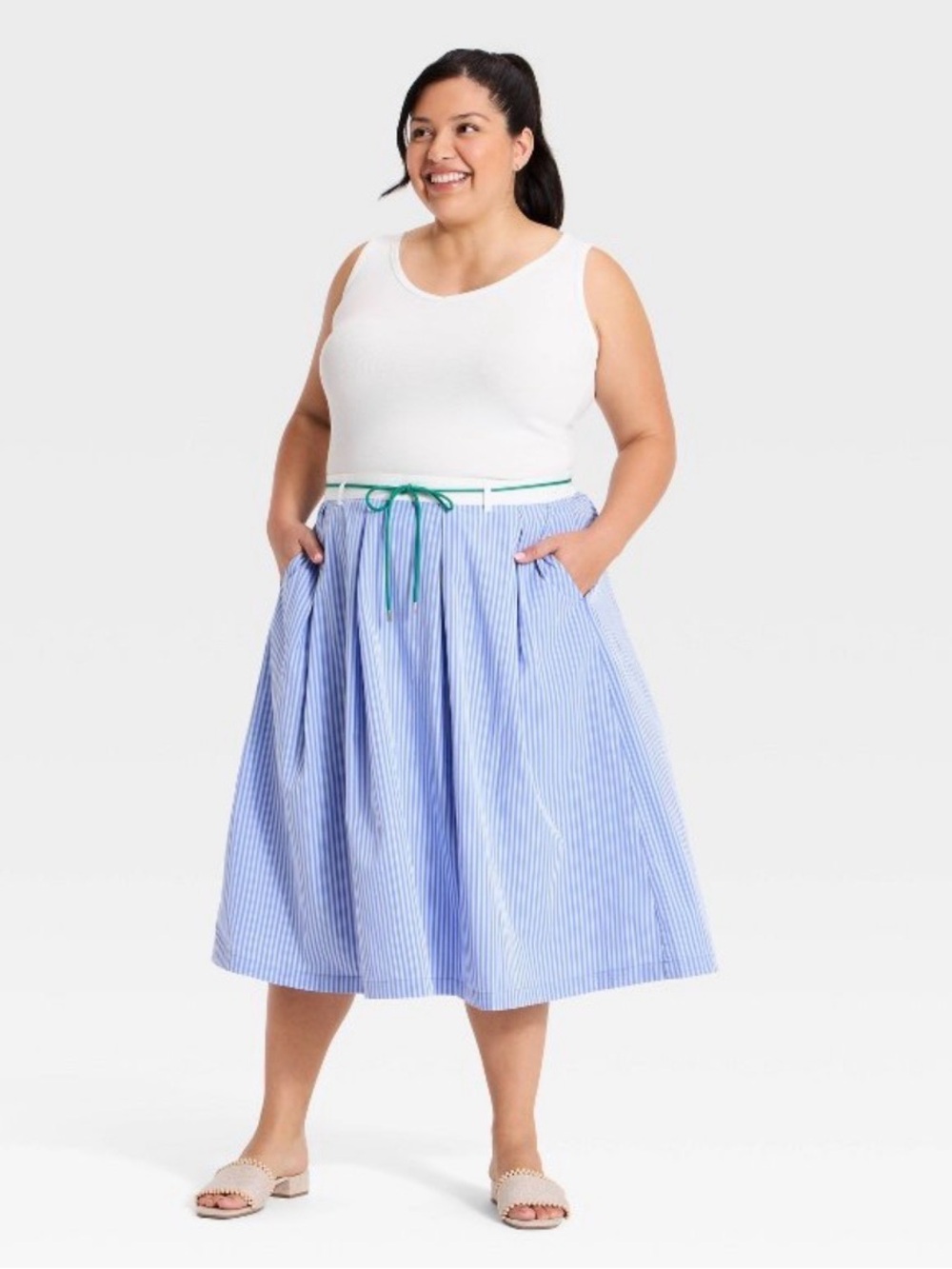 NWT Women’s Striped A-Line Midi Skirt 2x Drawstring Waist Blue/White Stripe